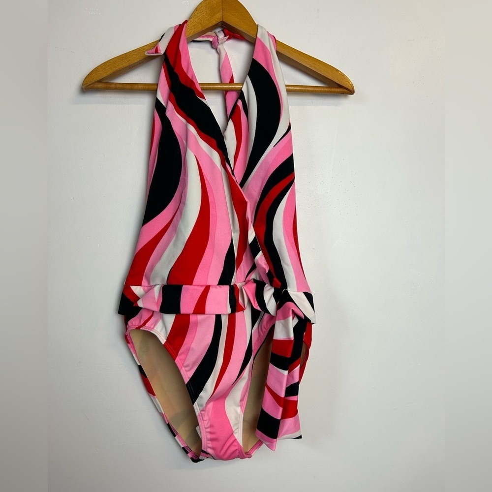 Shape Fx Pink Red Black Swirl One-Piece Halter Swimsuit